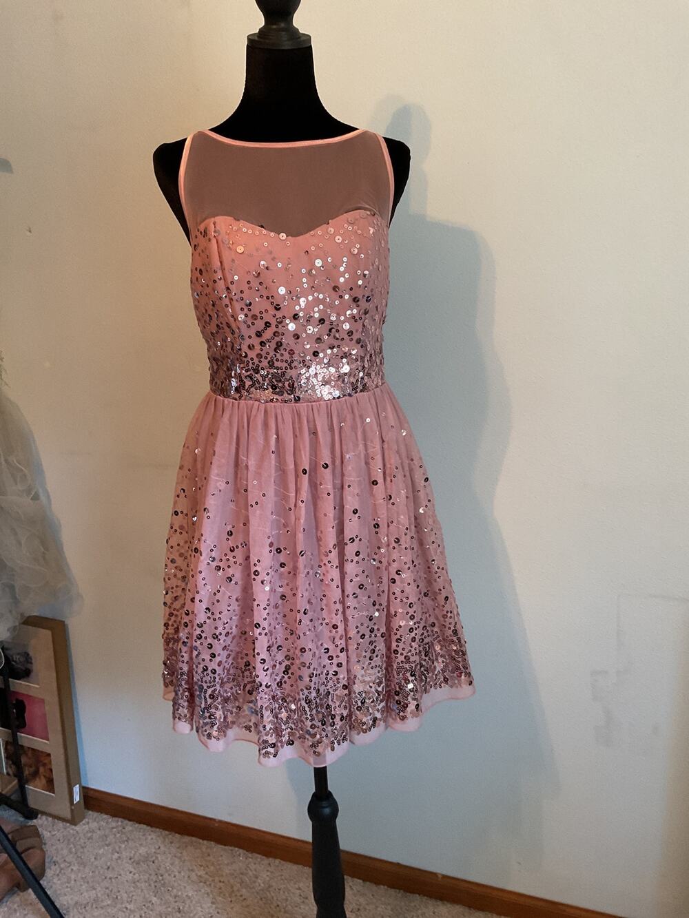 Ruby Rox Blush Pink Sequin Mesh Illusion Sweetheart Tulle Skater Party Dress 9